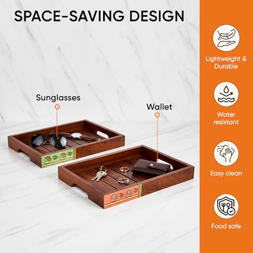 Image of AAKRITI ART CREATIONS Trays with Floral Art Handcrafted in Rosewood Set of 2 | Natural Brown Wooden Trays & Platters with Handle | Matte Finish Home | Trays for Dining Table & Kitchen Organizer