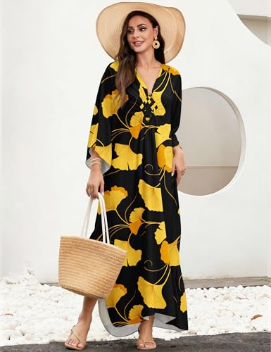 Image of MAKABO Kaftan Dresses for Women, V Neck Moo Moos Colorful Print Cover Ups Caftan Beach Dresses for Swimwear