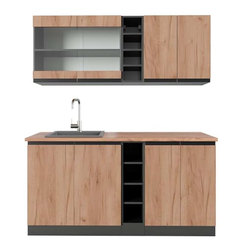 Vicco Cuisine R-Line, Chêne doré/Anthracite, 160cm J-Shape, PT Chêne, avec Plan de Travail et évier, prémonté prêt à raccorder