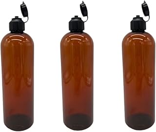 16 oz Amber Cosmo Plastic Bottles -3 Pack Empty Bottle Refillable Containers - Essential Oils - Hair - Cleaning Products - Aromatherapy | Dispensing Lid with Strap - By Natural Farms