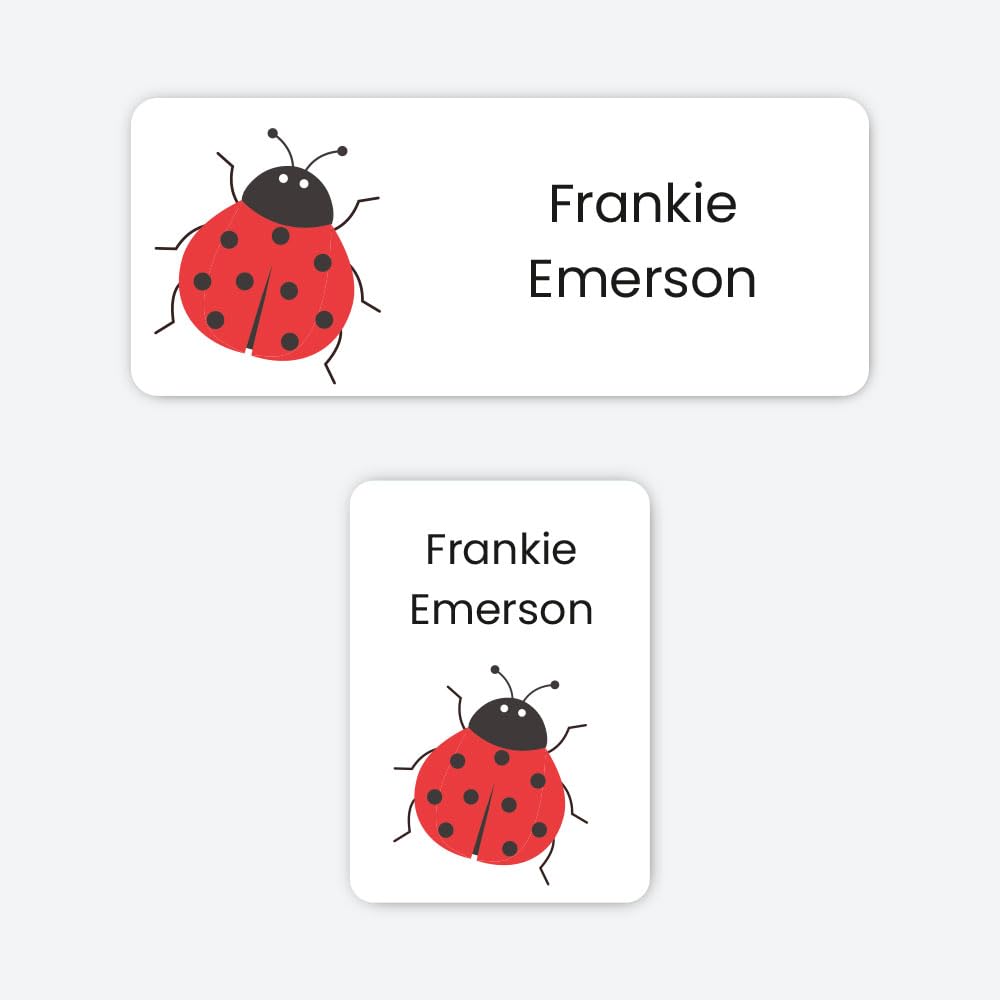 86 x Personalised Stick-On Waterproof Name Labels Pack of 2 Sizes for Clothes, Water Bottles, School Uniform, Equipment - Ladybird (SFP)