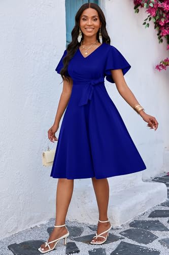 Image of FANDEE Women's Casual Midi Dress Wedding Guest Dresses for Chuch Cocktail Ruffle Short Sleeve A-Line V Neck with Belt Blue