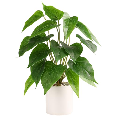 Floweroyal Fake Plant in Ceramic Pot Faux Potted Plants for Indoors Green Leaf Plant with White Planter for Desk Office Shelf Bathroom Bedroom DecorPothos
