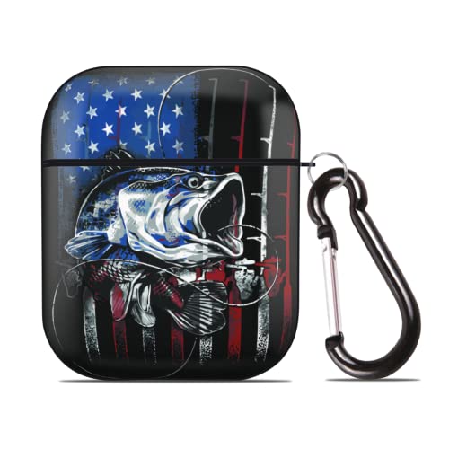 Fishing American Flag Usa Bass Fish For Airpods Case Cute, Shockproof Protective Case Cover With Portable Keychain, Compatible With Airpods 1&2 Case For Women Men #TOP2