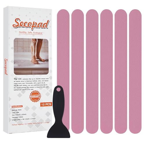 Secopad Strip Non Slip Bathtub Stickers with Scraper, 12PCS, Pink