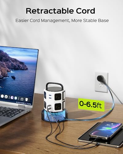 JACKYLED Power Strip Tower Surge Protector, 8 AC 4 USB (2 USB C), 1050J, 6.5Ft Retractable Extension Cord, 1625W/13A Outlet Extender, USB Charging Station for Home Office Dorm miniatura 3