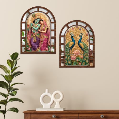 Image of Artvibes Krishna Radha & Peacock Garden Decorative Jharokha Mirror | Wall Hanging Decor for Living Room, Bedroom, Hall, Prayer Room, Dining Room & Office | Gift for Couple (WHJ 12043N), Set of 2