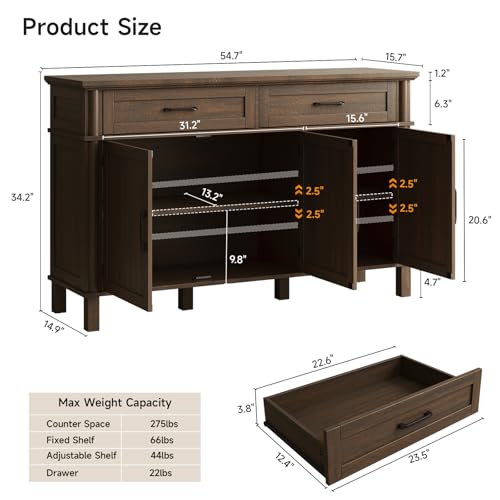 Image of ONBRILL 55 Inch Buffet Cabinet with Storage, Farmhouse Sideboard Buffet w /2 Drawers and 3 Doors, Wood Coffee Bar Cabinet with Adjustable Shelves, Sideboard Storage for Kitchen, Living Room, Brown