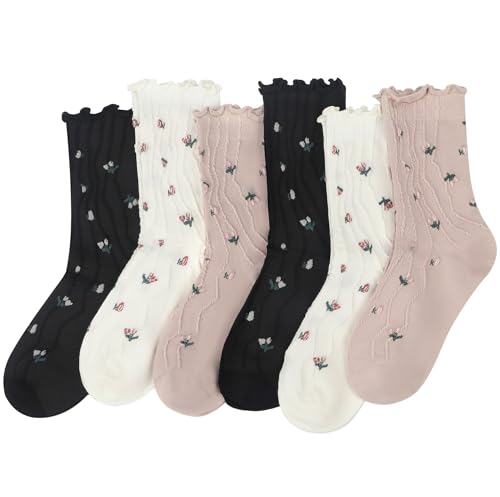 Image of 6 Pairs Cute Floral Ruffle Crew Socks Women, Breathable Cotton Novelty Casual Girls Above Ankle Funny Socks US 5-10