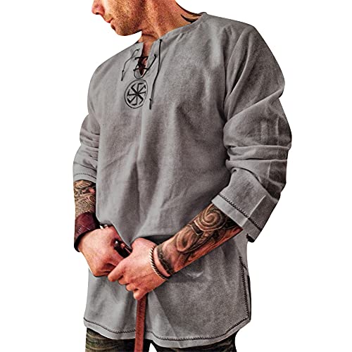 Men's Fashion Cotton Linen Shirt Long Sleeve Solid Color Ethnic Beach Yoga Top Gray XL