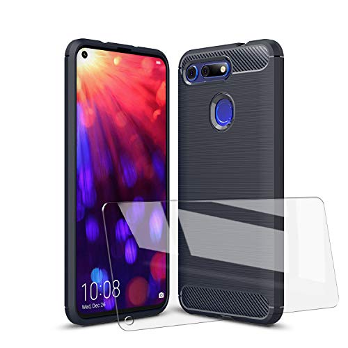 UCMDA Coque pour Honor View 20/Honor V20 Silicone + Verre trempé écran Protecteur, Coque Fibre de Carbone Bumper Etui Housse + Film Protection d'Écran pour Huawei Honor View 20/Honor V20 - Noir