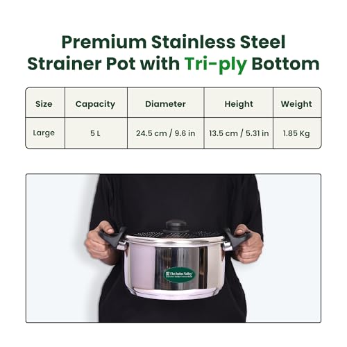 Image of The Indus Valley Stainless Steel 5 litres Strainer Pot /Rice Pot for Noodles, Pasta, Corn, SOYA, Vegetables & Rice | Induction & Gas Friendly | 3-Layer Thick Bottom