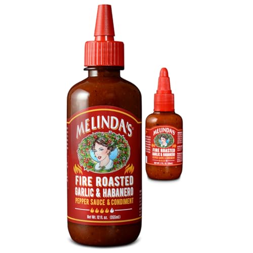 Melinda’s Fire Roasted Garlic & Habanero Hot Sauce - Made with Slow Roasted Garlic, Fresh Peppers, Lime Juice - Rich & Smoky Habanero Hot Sauce 12oz, 1 Pack + 2oz Mini