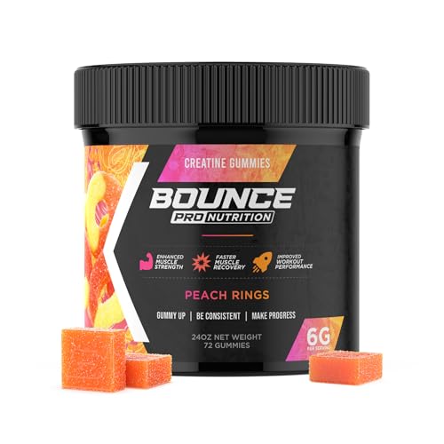 Bounce Pro Creatine Monohydrate Gummies for Men & Women, Low Calorie, 6G of Creatine per Serving, Vegan, Anti-Melting, Gluten-Free, Non-GMO, 2g of Creatine per Gummy (72ct, Peach Rings)