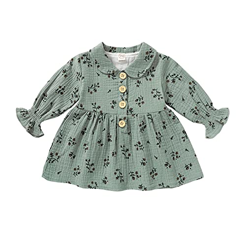 Image of Tiny Cutey Baby Girl Dress Infant Girl Lapel Collar Cotton Linen Dress Kids Girl Floral Dress