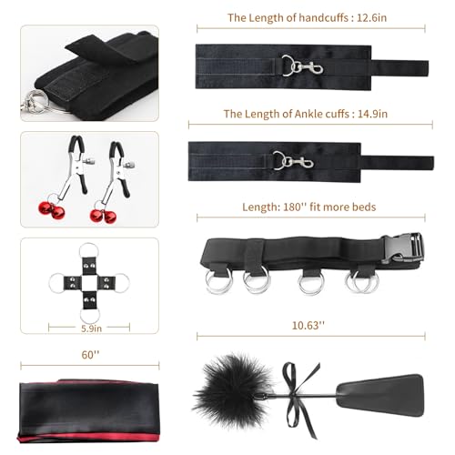 Image of Sex Bondage Restraints BDSM Toys Kit, Couple Sex Toys Bed Restraints with Sex Straps Cuffs Blindfold Nipple Clamp Tickler, Under King /Queen Bed Romance Straps Bondage Gear&Accessories for Couples Game