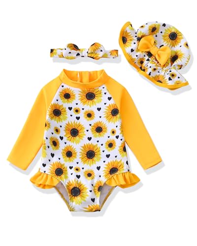 Image of Baby Girl Swimsuit Long Sleeve One-Piece Swimwear with Hat Rash Guard Ruffle Floral Zipper Beach Infant Bathing Suit