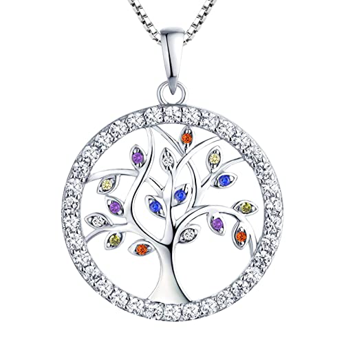 YL Collier Arbre de Vie en 925 Argent Pendentif Coloré Oxyde de Zirconium 5A pour Femmes, Chaîne 45-48CM