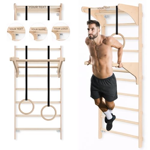 MAMOI Escalera de gimnasia de pared para adultos con barra de inmersión, anillos de gimnasia y mango de entrenamiento, estación de entrenamiento extendida para entrenamiento en casa, diseño