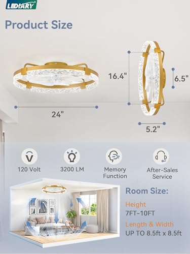 Image of LEDIARY 2-Pack 24 inch Ceiling Fans with Lights, APP & Remote, Gold
