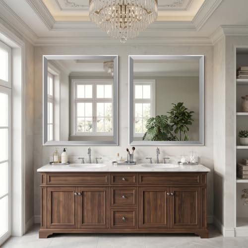 Image of DESBING 30 inchx36 inch Silver Bathroom Mirrors for Over Sink | Tempered Glass, Metal Frame, Rectangle Vanity Wall Mirror for Bathroom, Living Room, Bedroom, Horizontally or Vertically