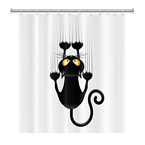 SDOTPMT 122x183cm Noire Chat avec Dièse Pattes Rideau de Douche Mignonne Drôle Chat Minou Rideau de Bain Blanc Arrière Plan Rideau de Baignoire Polyester pour Salle de Bain avec Crochets Cover