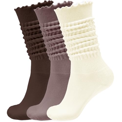 AugRing Womens Ruffle Slouchy Socks 3 Pack Retro Cute Frilly Scrunch Knee High Cozy Cotton Long Boot Chunky Socks Size 6-11 (US Alpha One Size Regular Regular 3 Pairs Beige/Khaki/Brown)