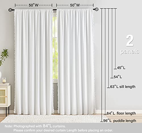 Image of Treatmentex White Blackout Curtains for Bedroom Pom-Pom Thermal Insulated Full Blackout Window Drapes 63inch Length Curtain Panels for Kids Guest Room Hotel 52 inch Wx 2pcs