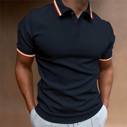 Generic Trendy Polo Shirts for Men Button Up Solid Color Tees Summer Short Sleeve Golf T-Shirt Quick Dry Business Casual Tops 2024 Navy, Large2