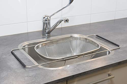 Edelstahl Sieb für Spüle Abtropfsieb ausziehbar m. Griffe 33x23,5x10cm Spülensieb Spülsieb Küchensieb Spülbeckensieb Nudelsieb Haushalssieb, Silber