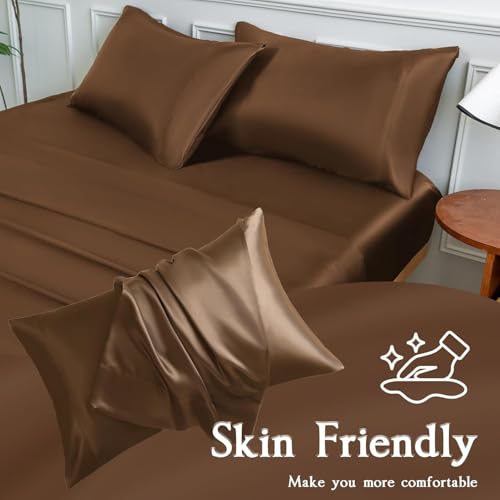 Image of Craftelio Satin Pillow Covers Set of 2 with 3 Free Random Color Hair Scrunchies - Anti-Frizz, Skin-Friendly, Soft & Durable Pillowcase Set for All Hair Types (Brown)