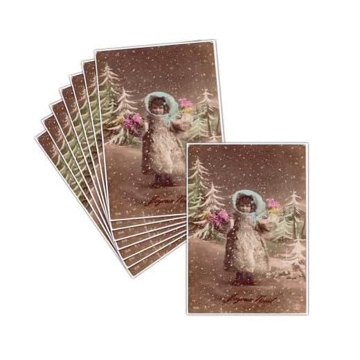 Carte Noel Ancienne - Carte Noël Vintage - 8 Cartes Non Pliées ➽ 3 Formats Dispos - Carte Joyeux Noël Petite Fille Sous La Neige