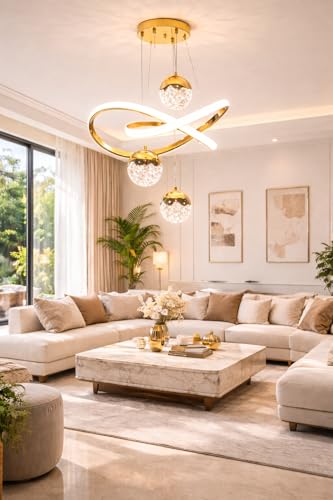 Image of Premium Three Loop Curved LED Stylish Gold Finish with 3 Different Color Mode (Warm White, Cool White, Neutral White) Chandelier with Height Adjustable Hanging for Bedroom, Living, Dining, Etc