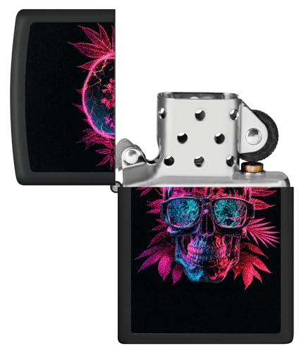 Image of Zippo Windproof Lighter - Cannabis Skull, Black Matte, Black Light - Refillable - Reusable - Windproof Design - Gift Box - Made in USA