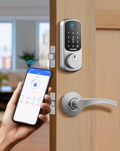 Image of DESLOC B200 Fingerprint Smart Lock with 2 Lever Handles, Keyless Entry Front Door Lock Set, Electronic Keypad Deadbolt, App Control, Auto Lock, Long Battery Life,Silver