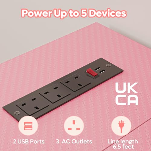 Bestier 106.5CM L-Shaped Desk with Power Outlets & LED Lights, Reversible Corner Desk with Shelves & Hooks for Home Office, Bedroom & Small Spaces