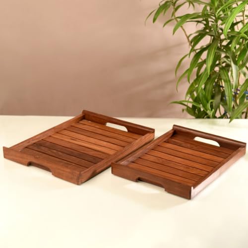 Image of Aakriti Art Creations Handcrafted Sheesham Wood Serving Tray Set of 2 for Dining Table | Wooden Tea & Snack Serving Trays | Kitchen Accessories | Indian Handicraft | Brown