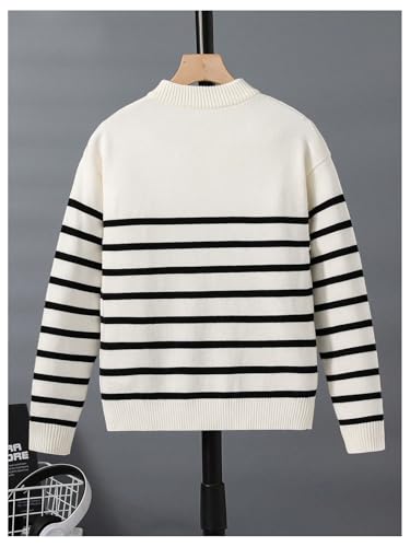 Verdusa Boy's Striped Half Zip Sweater Mock Neck Long Sleeve Loose Casual Knit Pullovers Black and White 8Y2