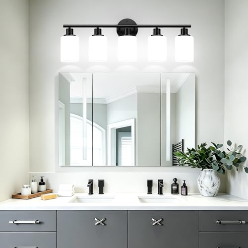 Image of 5-Light Bathroom Light Fixtures, Black Modern Vanity Lights with Milky White Frosted Glass Shades, Bathroom Wall Lamp, Clear Glass Shade, for Mirror, Living Room, Kitchen, Hallway, Cabinet, Porch