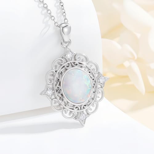 Aihpos Vintage Opal Necklaces for Women Platinum Plated Silver Oval Cut White Opal Pendant October Birthstone Necklace, 18''-20''3