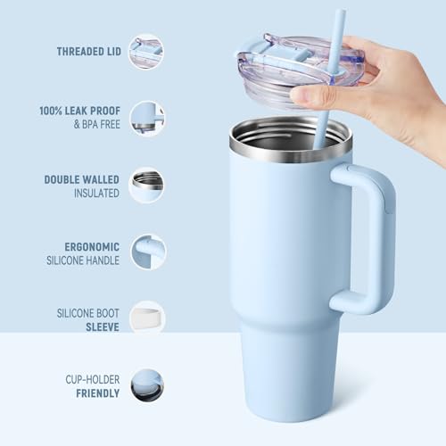 Image of COKTIK 40 oz Tumbler With Handle and Straw Lid, Vacuum Insulated Travel Coffee Mug Stainless Steel Insulated Cup for Beverages, Leak-proof, Cupholder Friendly (Silent Sky)