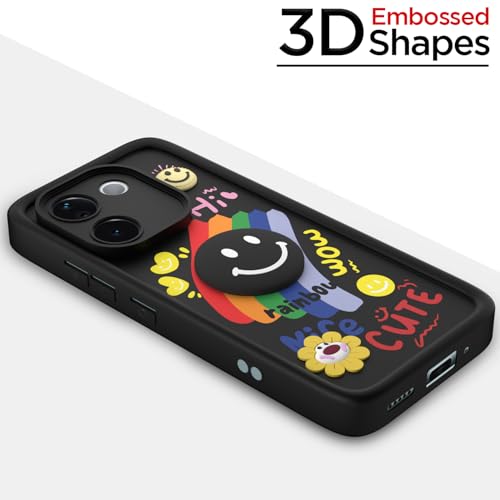 Image of Pikkme Back Cover for Vivo T3 Pro 5G / iQOO Z9s Pro 5G | Soft Silicone| Cute Rainbow Smile & 3D Cartoon Flower Design | Shockproof Raised Camera Protection Bumper Case (Black)