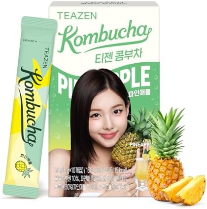 TEAZEN Pineapple Kombucha Powder, Hydration Drink Mix, Sugar Free, Live Probiotics & Prebiotics, On-the-Go 10 Packets, 1.76oz