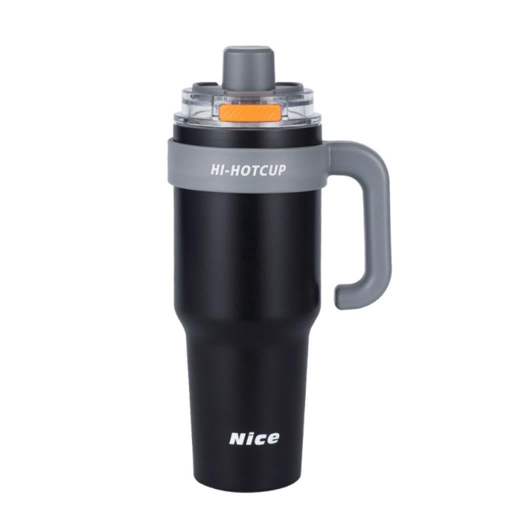 Coofbe 42 Oz 6 Katman Paslanmaz Çelik Termos 1250ML Çift İçim Modlu Pipetli Termos Çift Katman Çelik Termos Mug Siyah