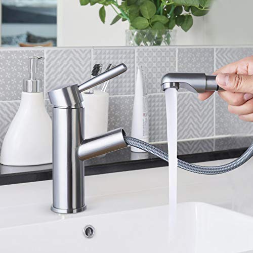 Submarine Modern Commercial Bathroom Faucet with Pull Down Sprayer, Single Handle Basin Mixer Tap with Water Temperature Control, Bar Sink Faucets Pull Out Sprayer Brushed Nickel