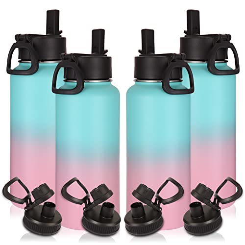 Image of Volhoply 32 oz Insulated Water Bottles Bulk 4 Pack with Straw Lid & Spout Lid,Stainless Steel Sports Water Bottle,Double Wall Vacuum Cups,Leakproof Wide Mouth Metal Flask for Travel(Green Pink,4)
