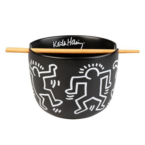 Grupo Erik Ramen Bowl Schüssel Keit Haring Keramik Schale 12,5 x 16 cm 1400 ml mit Stäbchen zum Essen - Ofizieller Art Keit Haring Geschenke Fanartikel