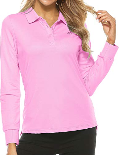 Women's Golf Polo Shirts Long Sleeve Sports Athletic Shirts Performance Tennis Tops Fitness Workout Leisure T-Shirt With Buttons Pink #TOP2