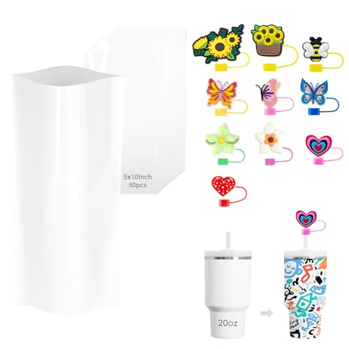 Image of Daily Treasures 50pcs Sublimation Shrink Wrap Sleeve Set (with 10pcs Cute Straw Cover Caps),5x10 inchHeat Shrink Wrap,White Bag Heat Shrink Film,Sublimation Wraps For 20oz Tumblers Mugs Cups Jars Cosmetic