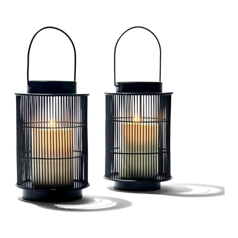 LampLust Outdoor Lantern Decorative Outdoor Patio Decor, Set of 2, 8 Inch Candle Lanterns, Black Metal, Outdoor Lanterns for Patio Waterproof, Battery Included, Modern Farmhouse Front Porch Decor Cover